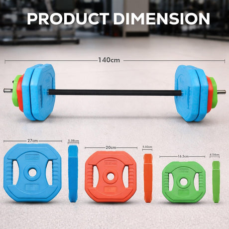 Barbell with colorful weight plates and dimensions displayed on a light surface.