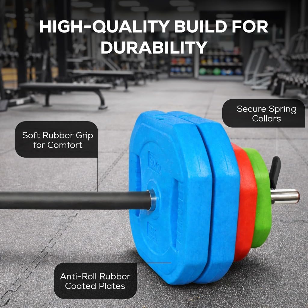 Barbell with weight plates labeled for durability features in a gym setting