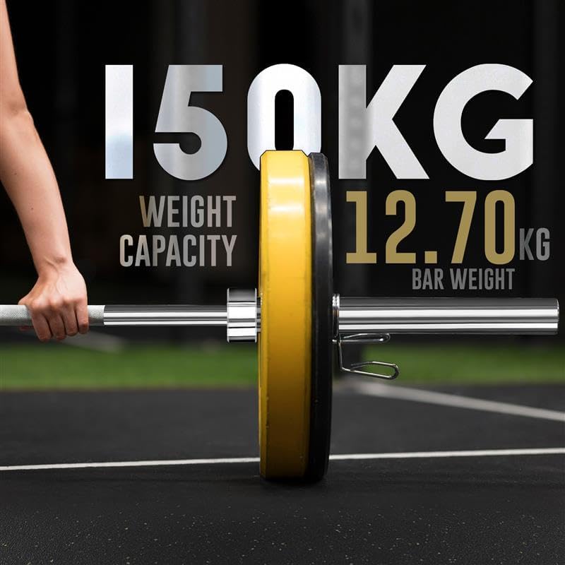 Barbell with weight capacity and bar weight information displayed on a black background