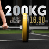 Barbell with weight capacity and bar weight displayed on a track background