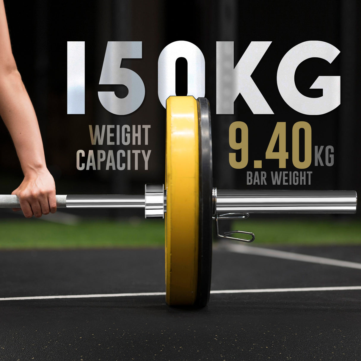 Barbell with weight capacity and bar weight information displayed