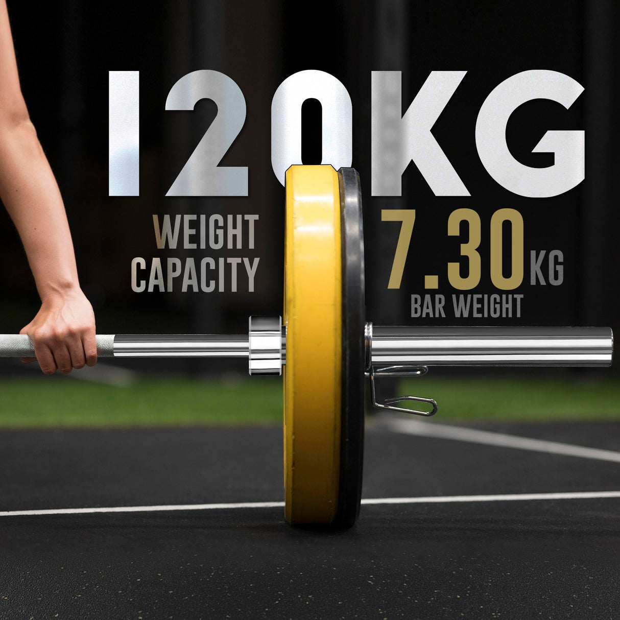 Barbell with yellow weight plate on a track, showing weight capacity and bar weight.
