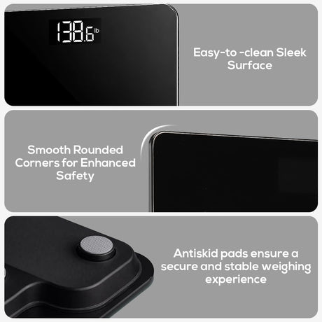 Black digital body weight scale with features highlighted on a gray background