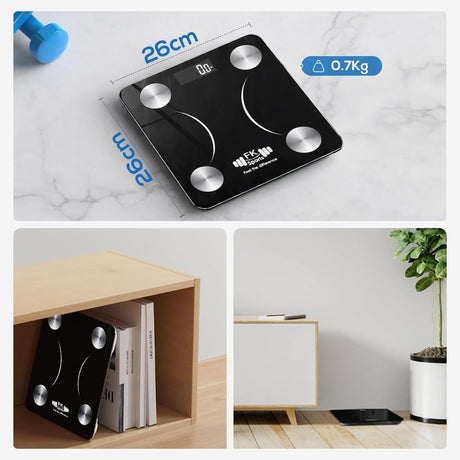 Black digital body weight scale with measurements on a white background

