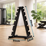 Black dumbbells weight rack with dimensions displayed in a gym setting