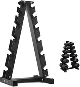 Black metal dumbbell rack with hexagonal dumbbells on a white background
