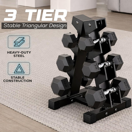 Black three-tier dumbbell rack with hexagonal dumbbells on a light carpeted floor.