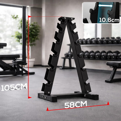 Black 6-Tier Heavy-Duty Dumbbell Rack with dimensions displayed in a gym setting