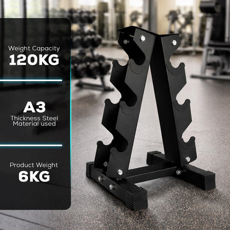 Black weight dumbbell rack with specifications on a gym floor