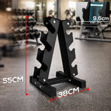 Black weight dumbbell rack with dimensions displayed in a gym setting