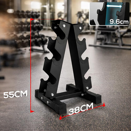 Black weight dumbbell rack with dimensions displayed in a gym setting