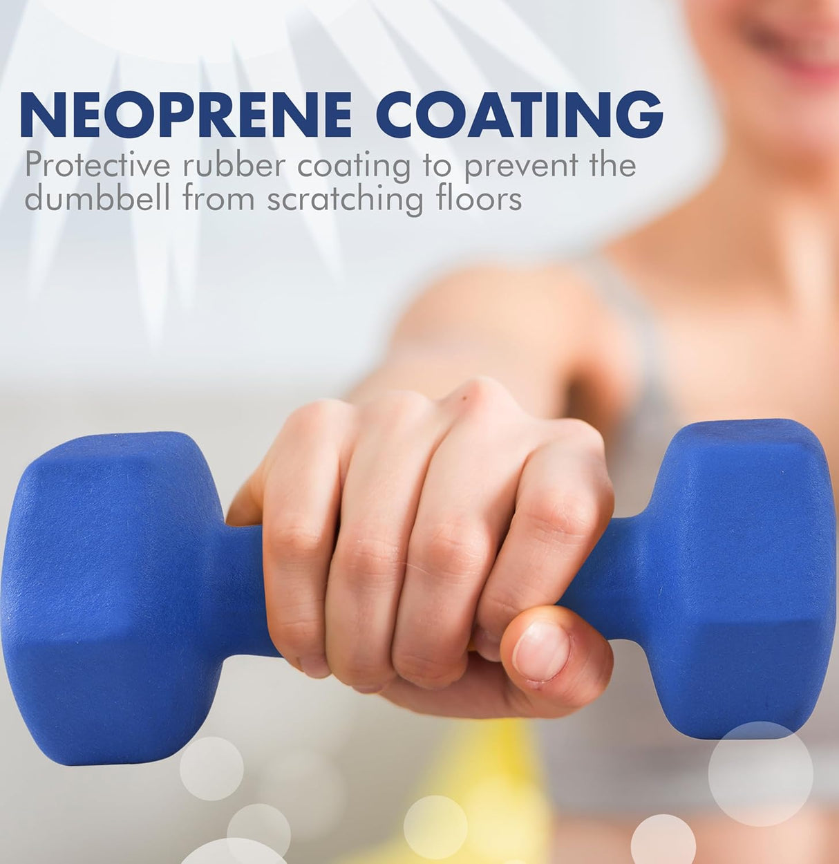 Blue dumbbell with neoprene coating held by a hand, text about protective rubber coating.