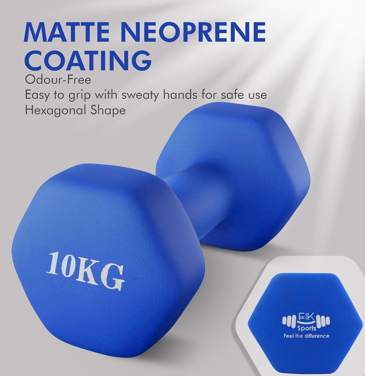 Blue hexagonal dumbbells with '10KG' marking on a light gray background, featuring text about matte neoprene coating.