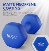 Blue hexagonal dumbbells with '10KG' marking on a light gray background, featuring text about matte neoprene coating.