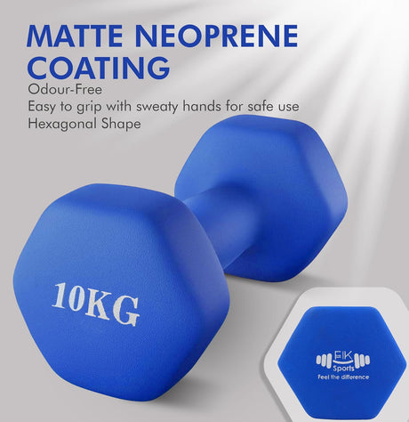 Blue hexagonal dumbbells with '10KG' marking on a light gray background, featuring text about matte neoprene coating.