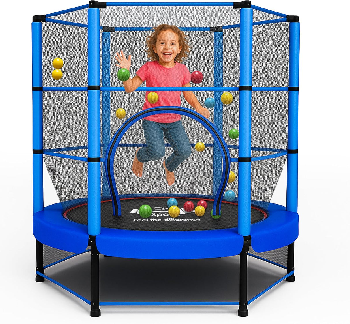 Child playing on a blue kids trampoline with safety net and colorful balls.
