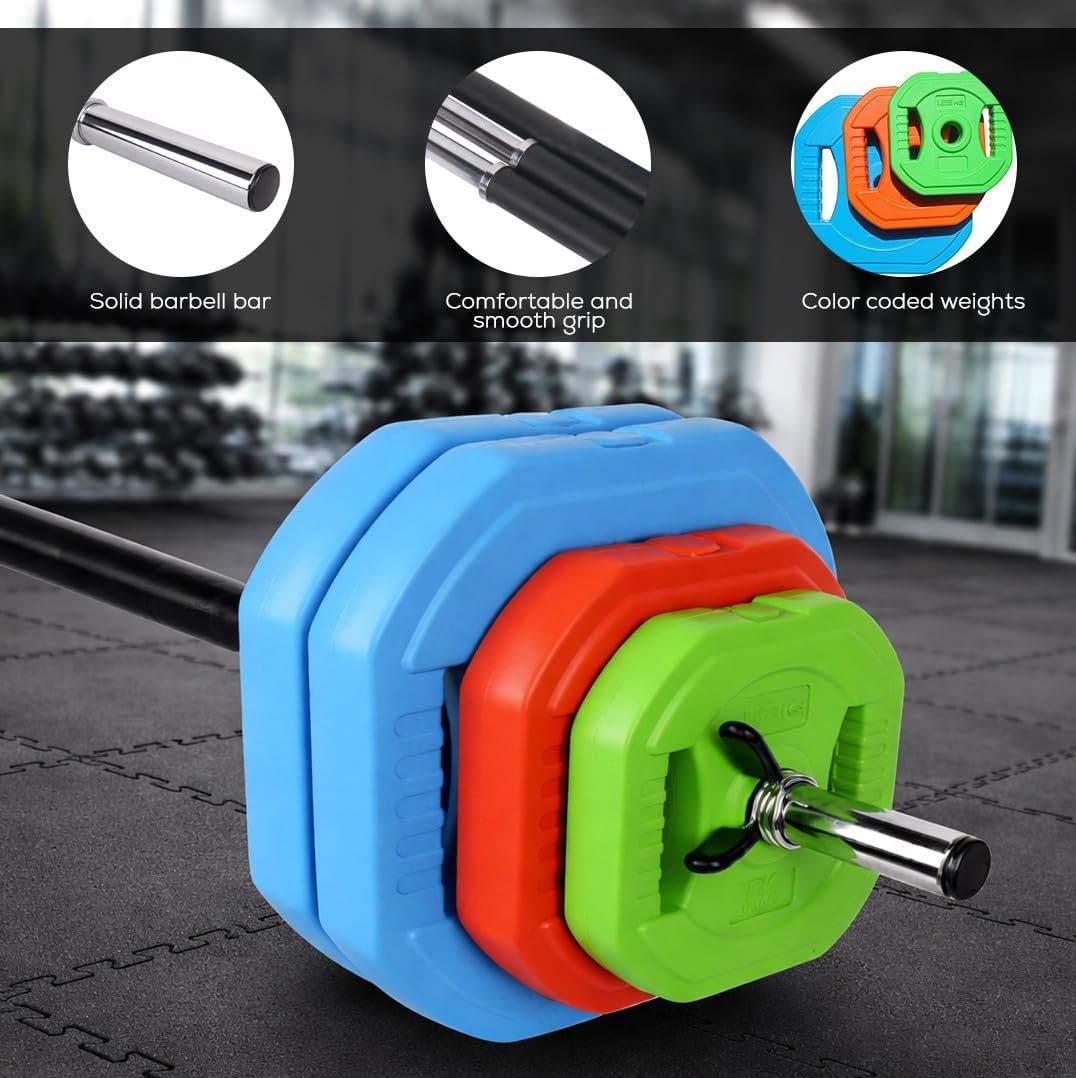 Color-coded weight plates with a barbell on a gym floor.
