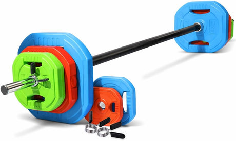 Colorful weightlifting barbell with blue, green, and orange weight plates on a white background

