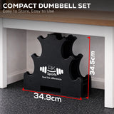 Black Compact Dumbbell Set with dimensions and FK Sports branding under a table.
