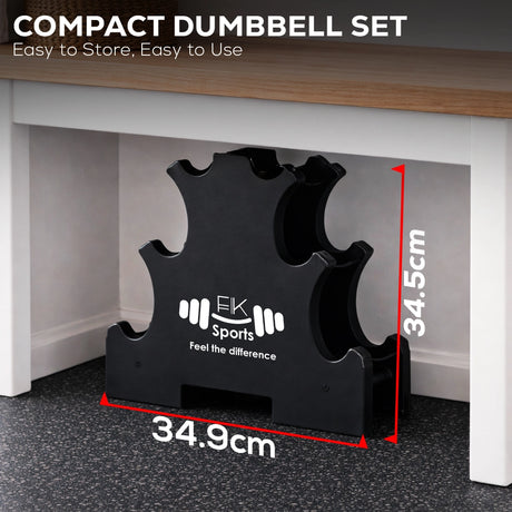 Black Compact Dumbbell Set with dimensions and FK Sports branding under a table.