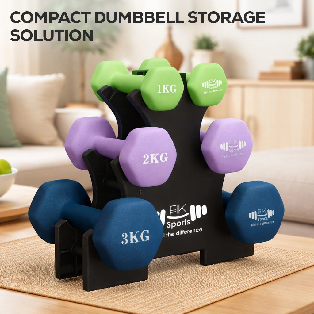 Compact dumbbell storage solution with green, purple, and blue dumbbells on a stand.