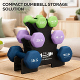 Compact dumbbell storage solution with green, purple, and blue dumbbells on a stand.