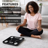 Woman sitting on a floor scale with product features displayed on Digital Body Weighting scale