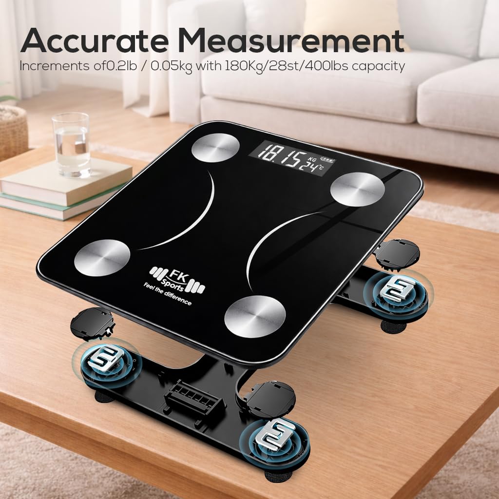 Digital body weighting scale on a wooden table with 'FK' branding, showing weight and body composition data.