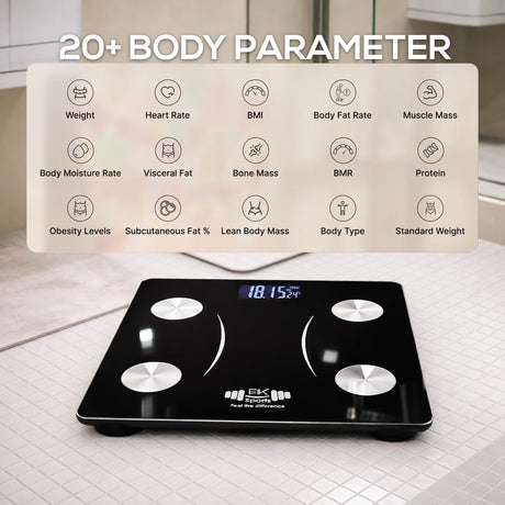 Digital body weighting scale with 20+ body parameter display on a tiled floor.

