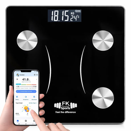 Digital body Weighing Scales with smartphone app interface and FK Sports branding.

