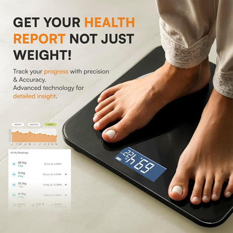 Person stepping on a digital scale with health report text and graphics.

