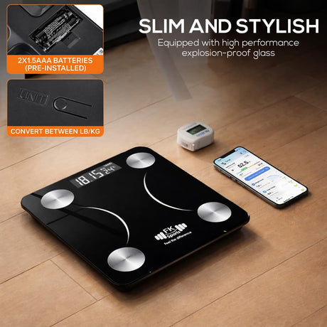 Digital weighting scale on a wooden floor with smartphone app display, battery information, and product branding.