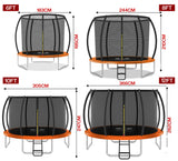 Dimensions of a trampoline in various sizes with measurements in feet and centimeters.