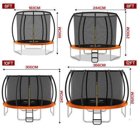 Dimensions of a trampoline in various sizes with measurements in feet and centimeters.