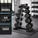 Dumbbell rack with weight capacity and material details in a gym setting