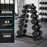 Dumbbell rack with weight capacity and material details in a gym setting