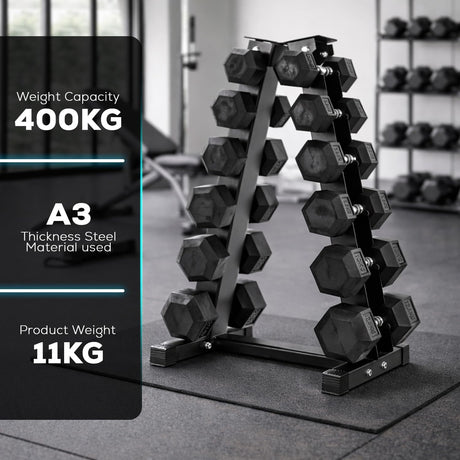 Dumbbell rack with weight capacity and material details in a gym setting