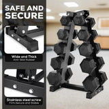 Dumbbell set with a stand labeled 'Safe and Secure' in a home setting.