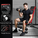 Man exercising with dumbbells on a adjustable gym bench, with text highlighting features like secure locking, stability, thickened steel tube, and triangle structure.