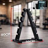 Black dumbbells weight rack stand with dimensions displayed in a gym setting.