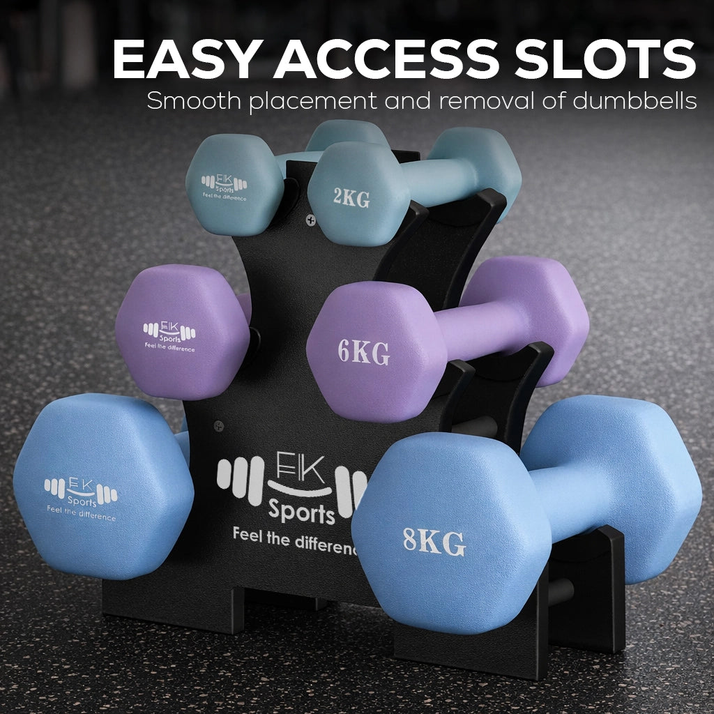 Dumbbell set with dumbbell rack labeled 'EK Sports' on a dark surface