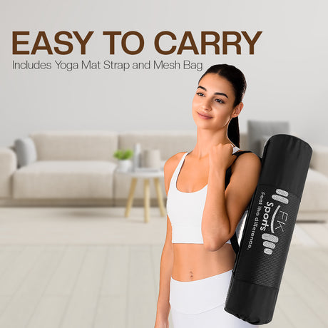 Woman holding a yoga mat with strap and mesh bag in a living room setting