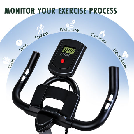 Exercise bike handlebar with digital display and text 'Monitor Your Exercise Process' on a light blue background.