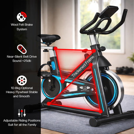 Home exercise bike with features highlighted on the left side