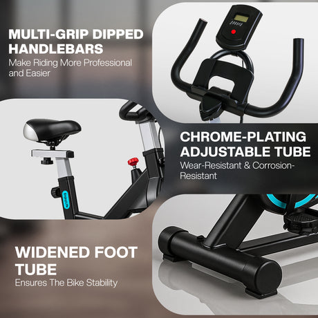 Exercise bike with highlighted features on a gray background