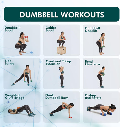 Illustrations of various dumbbell exercises with a woman performing each one.