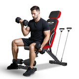 Man exercising with a weight bench and dumbbells on a white background