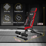 Black and red adjustable weight gym bench with features highlighted on a dark background