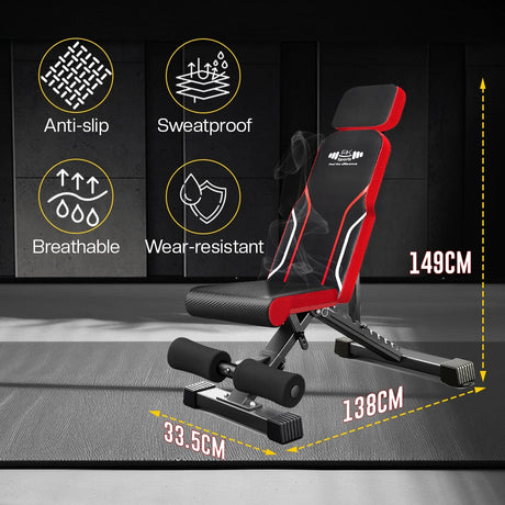 Black and red adjustable weight gym bench with features highlighted on a dark background
