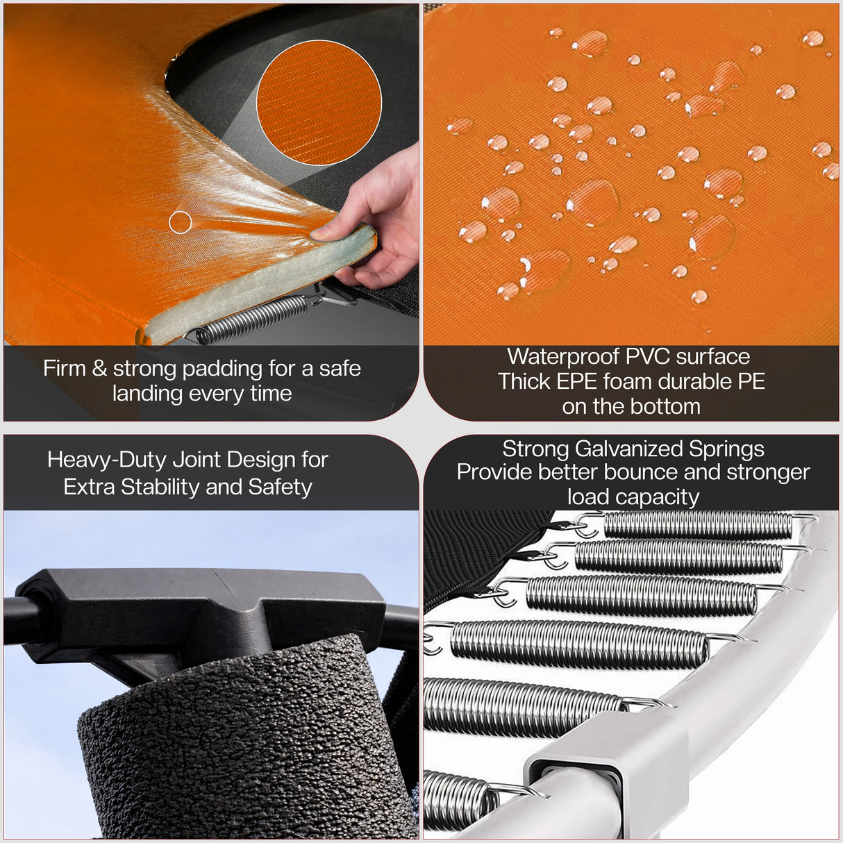 Product features including padding, waterproof surface, joint design, springs, and EPE foam.